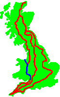 Routes from Land's End to John O'Groates in United Kingdom, Offa's Dyke in blue.